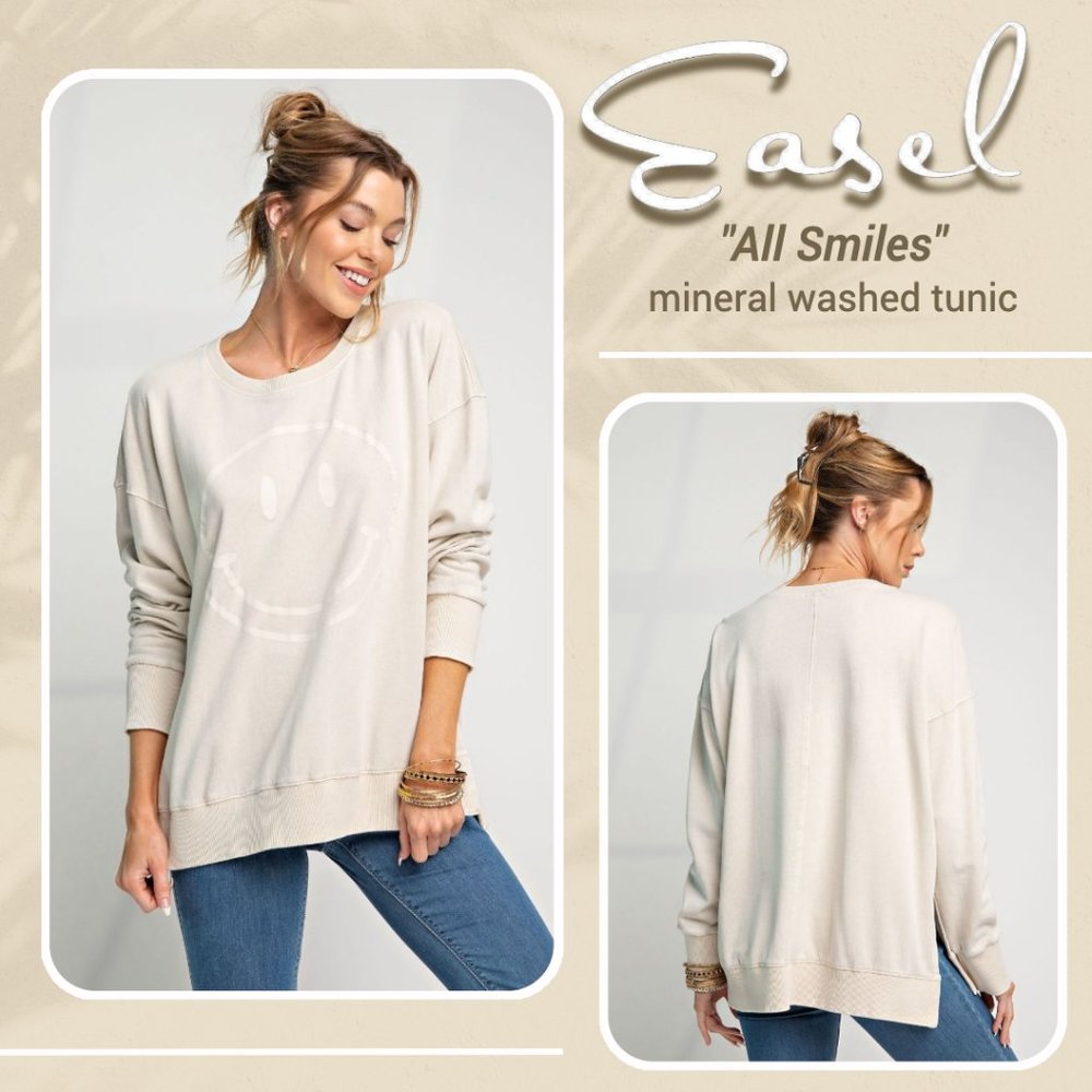 EASEL "All Smiles" 100% Cotton Mineral Washed Cute Smiley Face Tunic, Side Slits
